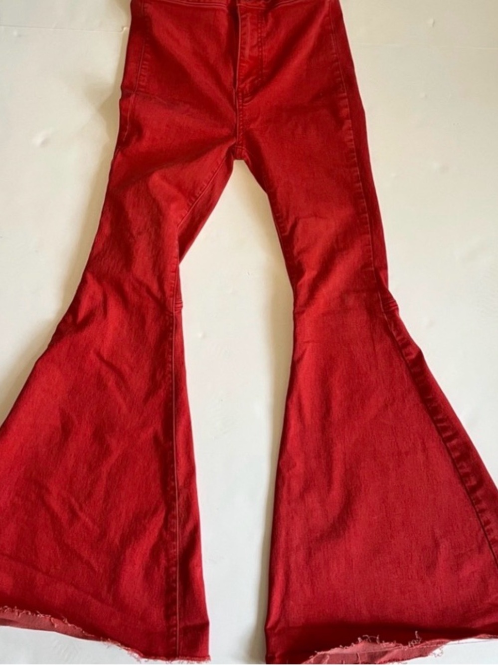 Free People Red High-Rise Flare Jeans with Raw Hem